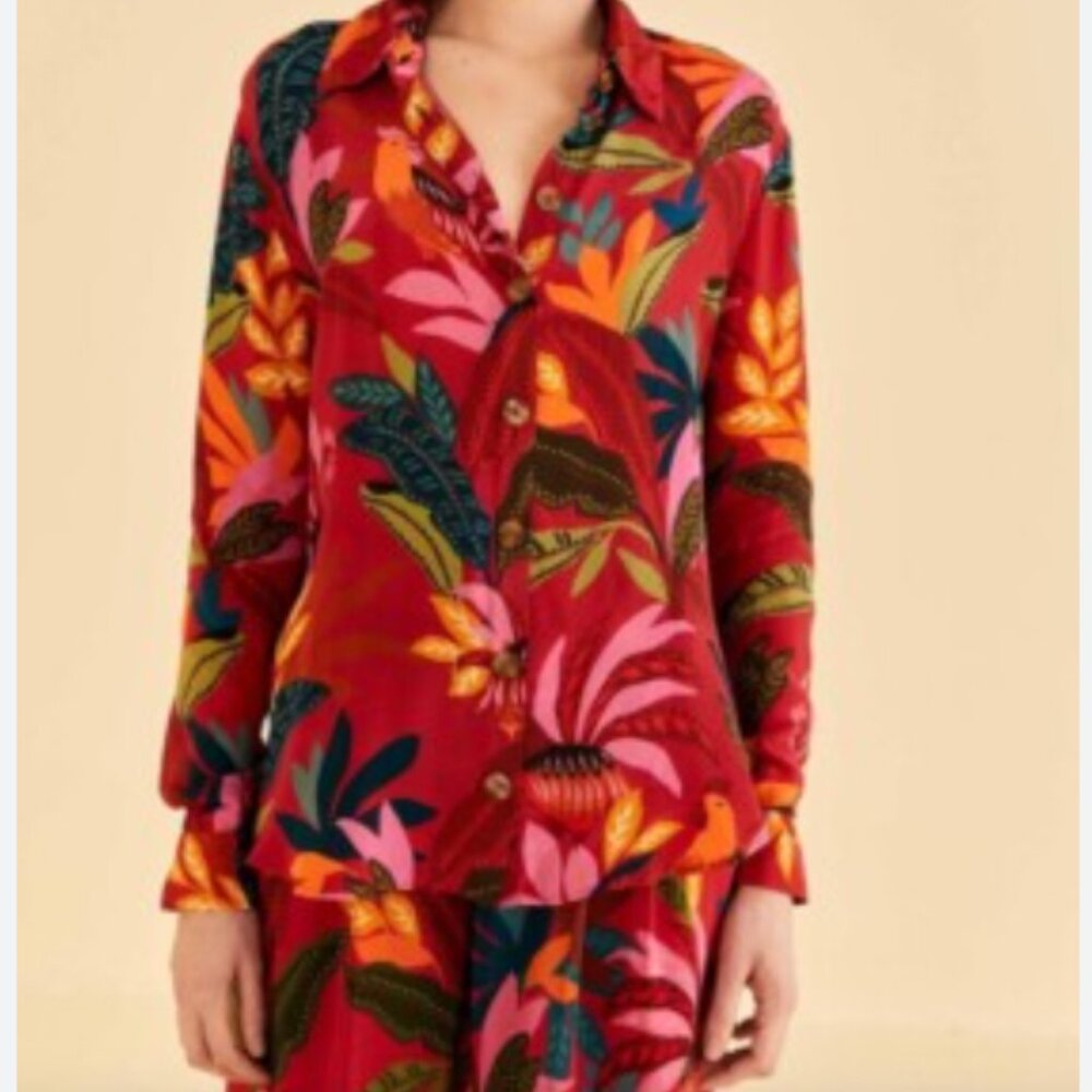 Farm Rio Red Rooster Leaves Long Sleeve Shirt - Size S